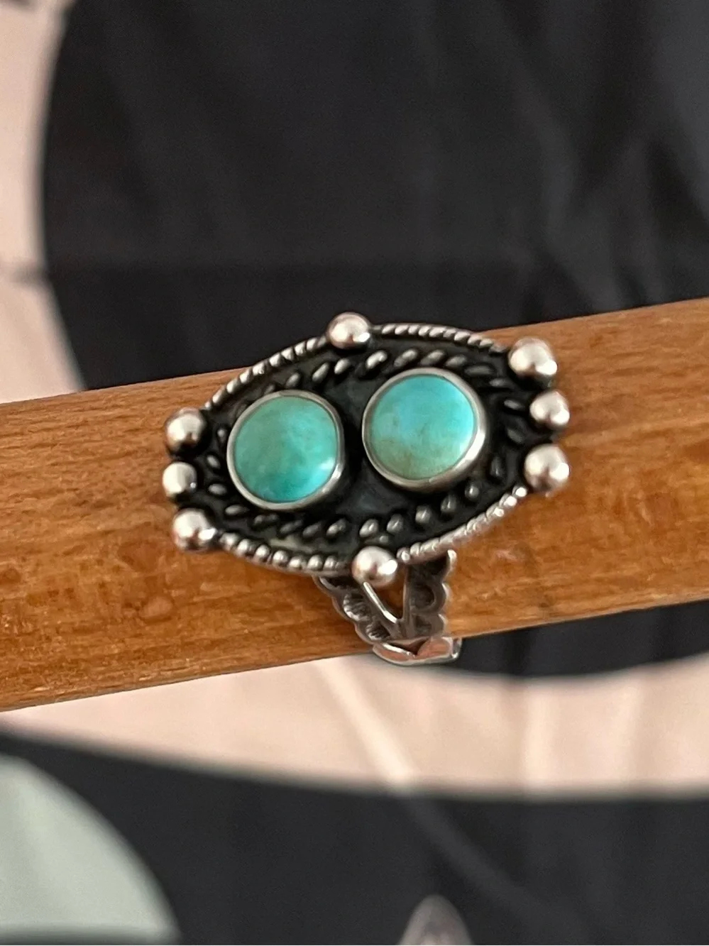 Vintage Southwestern Sterling Silver Double Turquoise Cabochon Ring Size6.25/6.5